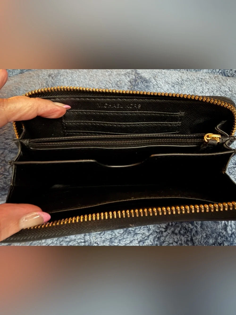 Michael Kors Glossy Black Patent Logo Zip Wallet with Gold Plaque